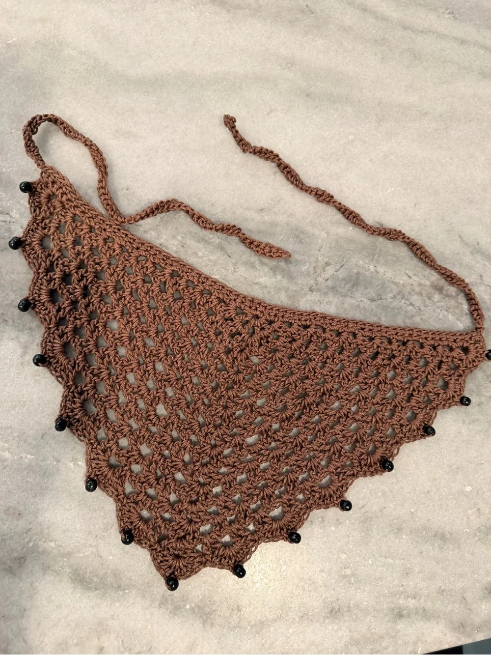 Handmade Crochet Wood Beaded Kerchief Head Scarf Cotton Boho Bandana Cottagecore